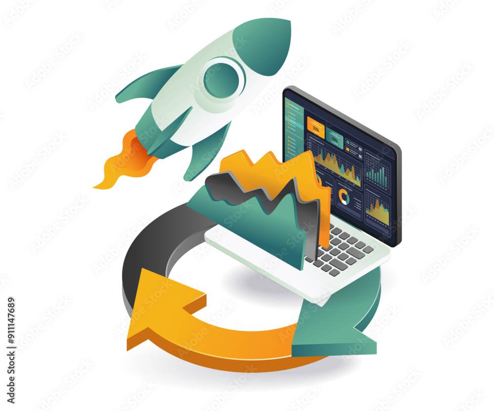 Poster laptop computer with rocket on top, symbolizing innovation and technology advancement