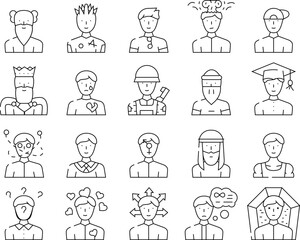 Fototapeta premium Male Business And Expression Icons Set Vector. Madness And Lovely Male, Choice Of Direction And Brain Explosion Man, Childhood, Old Aged Pensioner And Death Guy Contour Illustrations