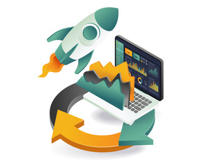 Laptop computer with rocket on top, symbolizing innovation and technology advancement