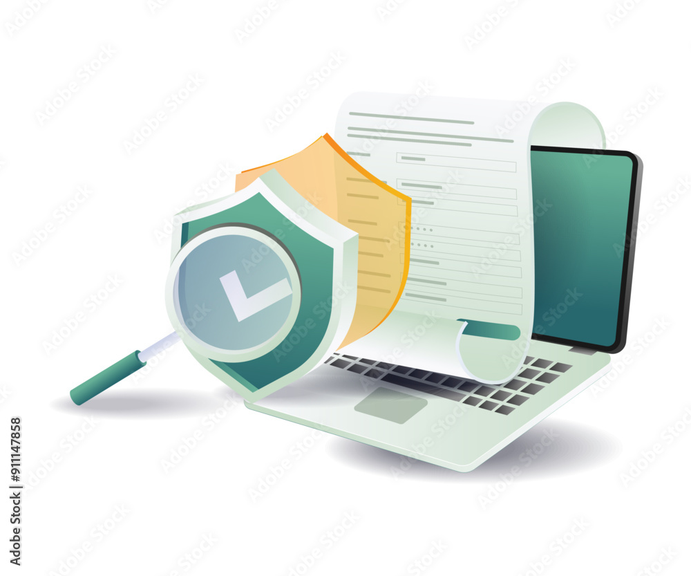 Poster laptop with document and magnifying glass for security data online register