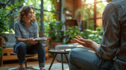 Engaging Conversation Between Two People in a Lush Indoor Garden Setting During Late Afternoon