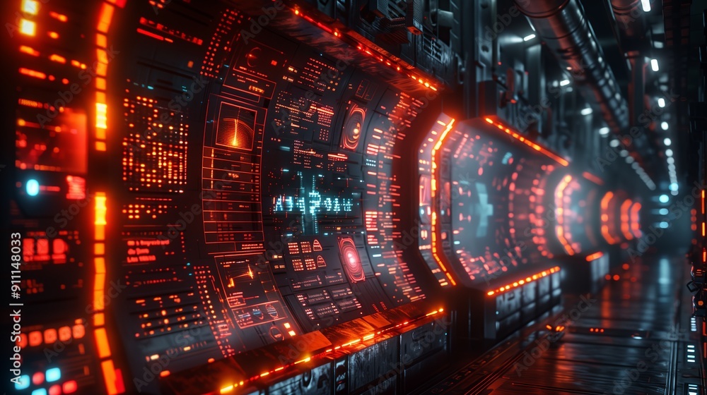 Poster futuristic red and blue control panel. high-tech control panel in a futuristic setting, illuminated 