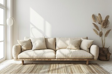 Japandi living room interior with cozy beige couch, modern minimalist design of apartmenthigh