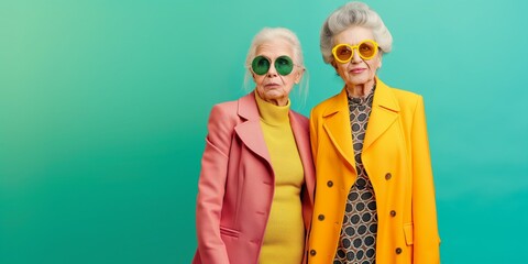 Two women wearing sunglasses and yellow and pink coats. Scene is lighthearted and fun