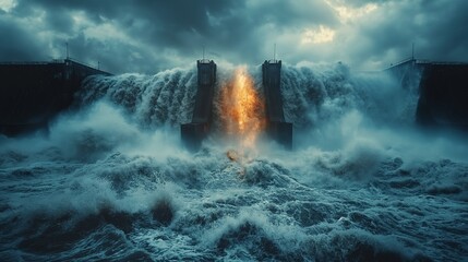 Fiery Hydroelectric Dam Water Release. Dramatic moment of a hydroelectric dam releasing water with a burst of flames, highlighting the power and intensity of the scene.