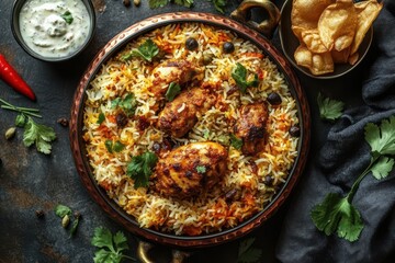 A vibrant photograph of a traditional Indian biryani served in a copper pot, with fragrant basmati rice, tender pieces of chicken