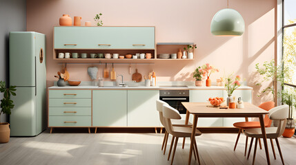 Pastel themed kitchen decor light peach and mint green, interior art and design space illustration