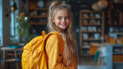 Parent Preparing a Bright Yellow Backpack With School Supplies for Excited Child in Cozy Room Setting