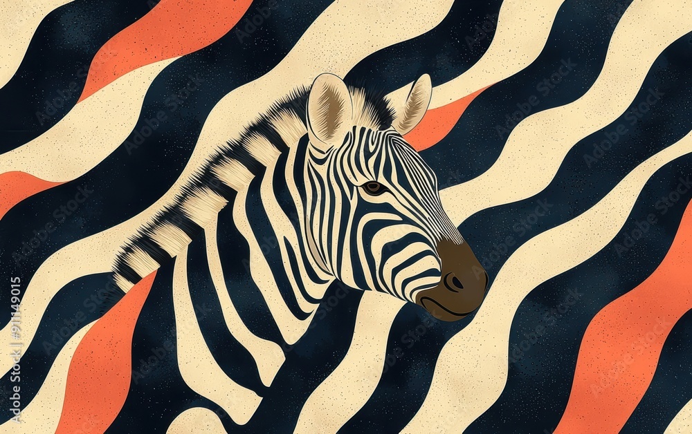 Poster illustration of zebra on wave pattern background with bold colors