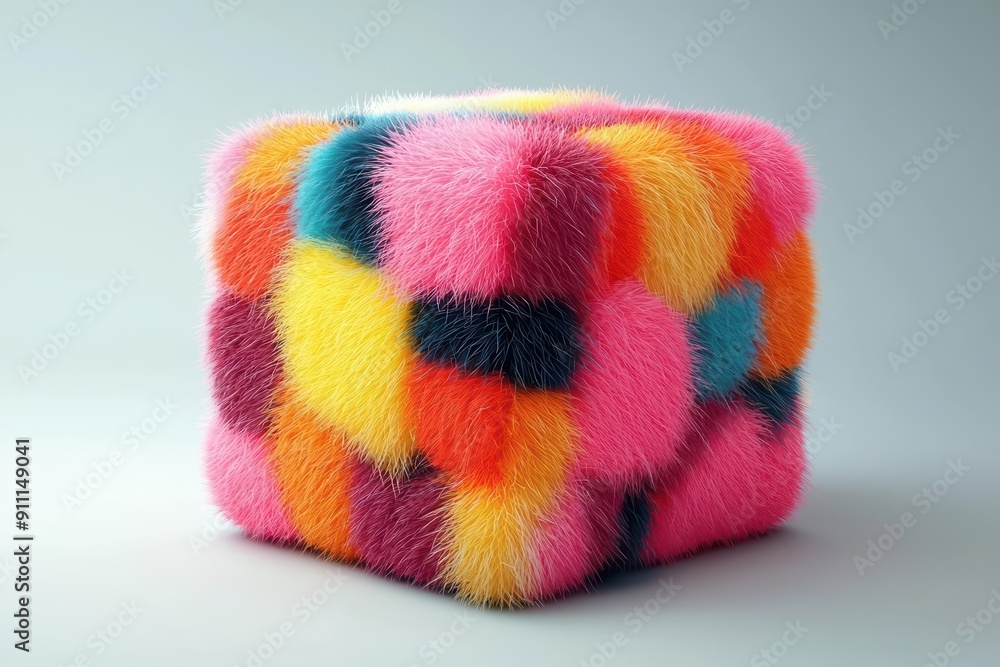 Poster vibrant furry cube with abstract multicolored patchwork on light background