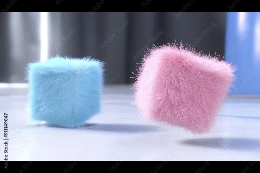 Poster fuzzy blue and pink cubes floating on minimalist background