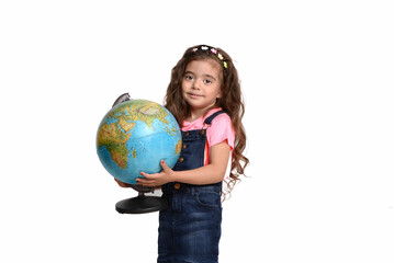 Smiling happy little  girl holding globe with care and love  in white background