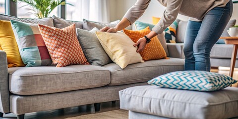 Obraz premium Cozy Living Room Makeover. A woman arranges decorative pillows on a comfortable grey sofa in a bright, modern living room. 