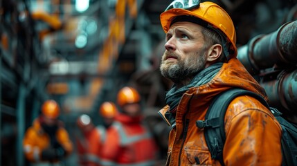 Obraz premium Senior Engineer Monitoring Hydroelectric Operations. Senior engineer in an orange reflective jacket monitors the operational status of a hydroelectric dam, focusing on safety and efficiency.