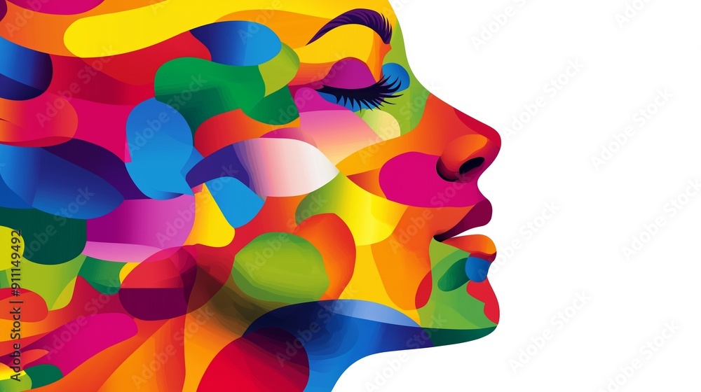 Aufkleber a colorful face with a white background. the face is made up of many different colors and shapes. th