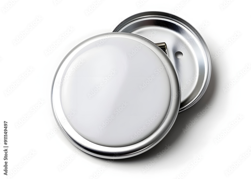 Poster isolated white circular pinback button with a blank face and metal rim on a pure white background, w