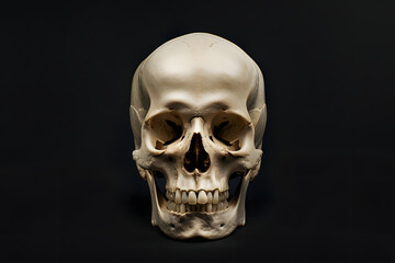 Fototapeta premium Frontview of natural human skull on isolated black background