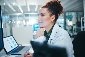 Science, woman and reading in laboratory on computer for medical results, investigation and...