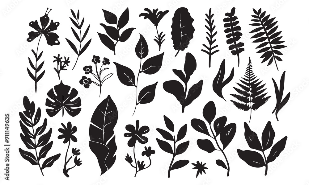 Poster floral pattern tree line drawing set , side view, black set of graphics trees elements outline for a