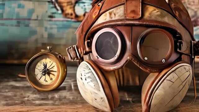 Close-up of vintage leather pilot goggles placed next to an antique compass, evoking a sense of adventure and history.
