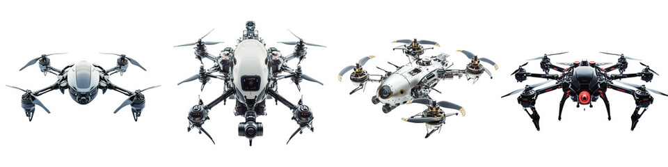 set of A futuristic drone, Drone of Tomorrow, Advanced Drone Technology, Next Gen Drone, New Drone Design, Drone, Futuristic Drone Innovations, High Tech Drone, on a transparent backgrounds