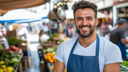 A man is smiling and wearing a blue apron while standing in front of a fruit and vegetable stand
