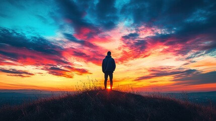 Fototapeta premium silhouette person standing hill vibrant