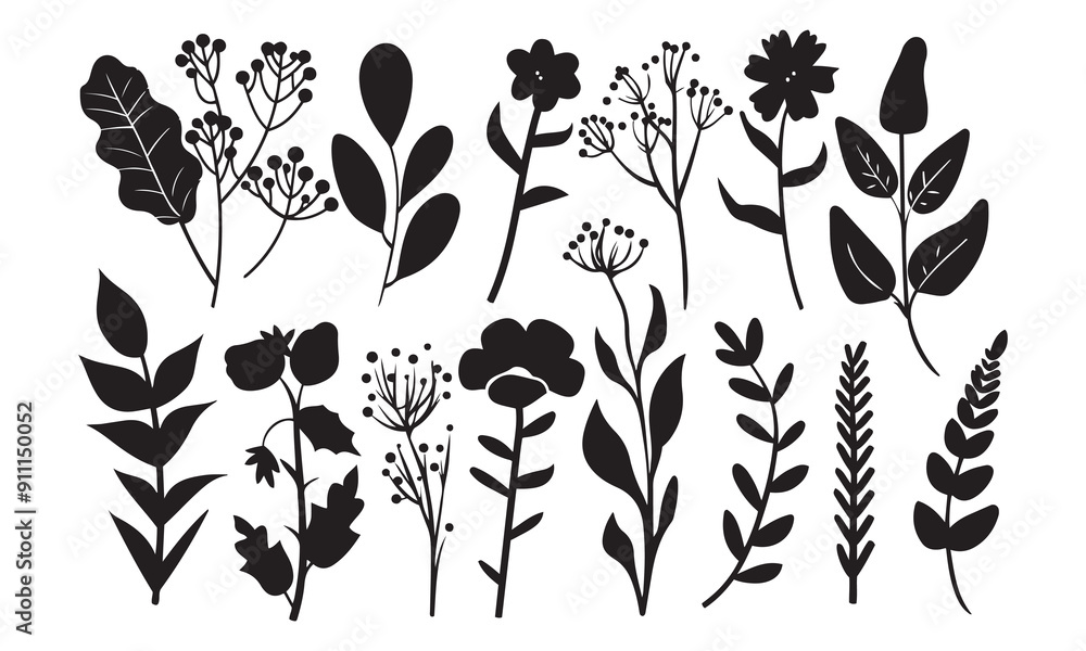 Poster silhouette of a plant drawing set , side view, hand drawing graphics trees elements outline symbol f