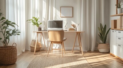 Stylish home office with a Scandinavian design, featuring light wood furniture, simple decor, and plenty of natural light, creating a calm and aesthetically pleasing workspace