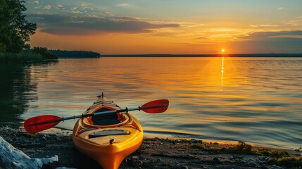 Kayak at sunset on the shore