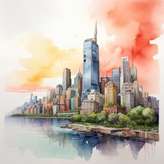 Fototapeta premium Twilight Cityscape, Vibrant Skyscrapers and Serene Waters