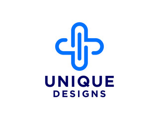 Healthcare Medical Logo. Blue Linear Rounded Cross Sign Health Icon.