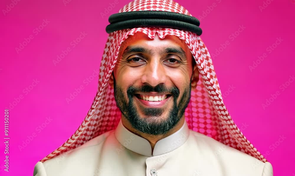 Poster Portrait of a smiling arabian man with a beard on a pink background