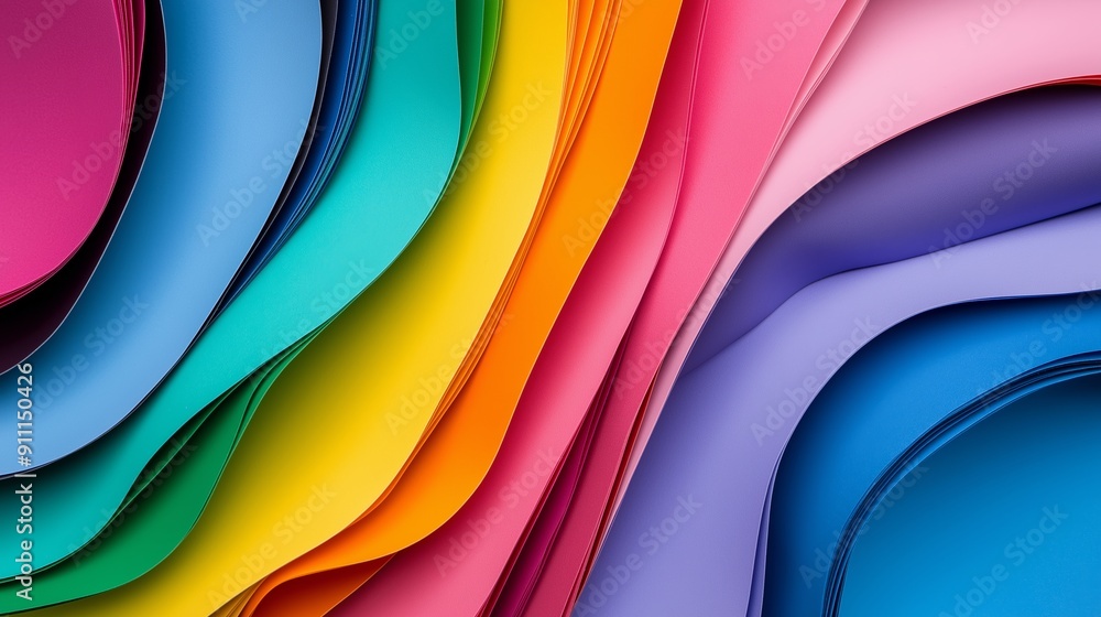 Poster a colorful stack of paper with a rainbow pattern. the colors are vibrant and the paper is cut into v