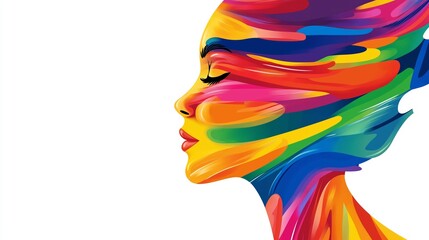 A colorful painting of a woman's face with a rainbow of colors. The painting is abstract and has a vibrant, energetic feel to it