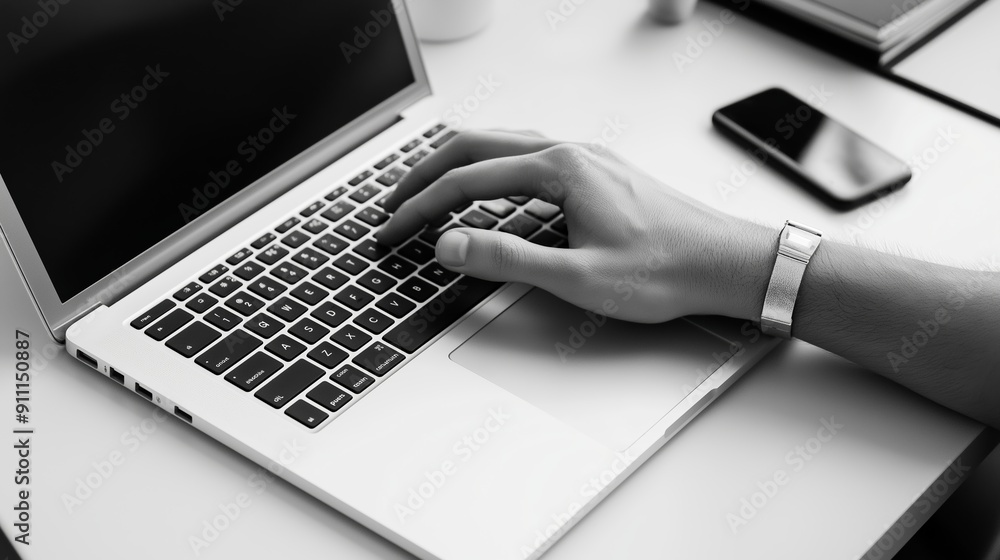 Poster a person is typing on a laptop computer. the laptop is open and the keyboard is visible. there is a 