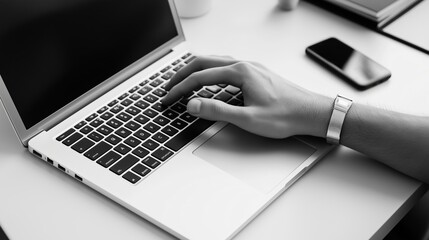 A person is typing on a laptop computer. The laptop is open and the keyboard is visible. There is a cell phone on the table next to the laptop