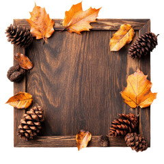 Fototapeta premium Wooden Plaque Surrounded By Autumn Leaves And Pinecones