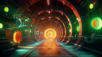 Futuristic neon tunnels with vibrant lighting.