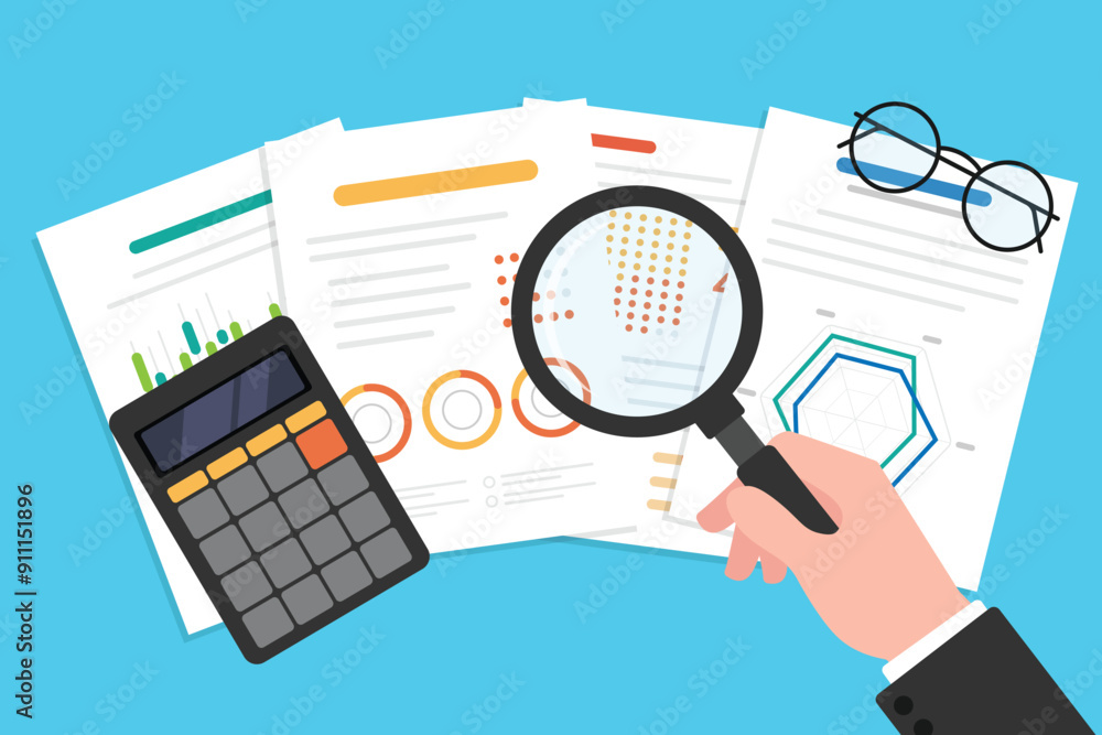 Poster calculate data with hand holding a magnifying glass and calculator, data document for calculate and 