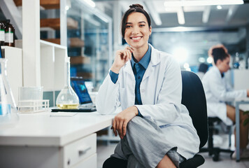 Scientist, confident and portrait of woman in lab for research, experiment or chemical test. Medical, study and female biochemist with smile for investigation, molecule structure or gene therapy