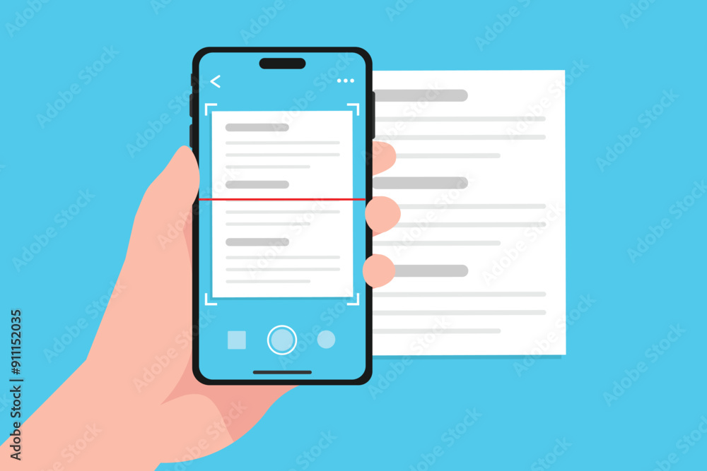 Fototapete document scan with mobile app camera, text recognition and scanning with smartphone on hand holding.