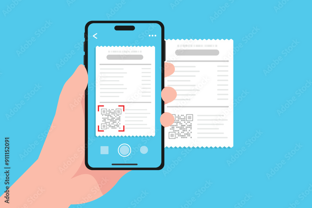 Poster invoices bills qr code scan with mobile app camera, receipts scanning with smartphone on hand holdin