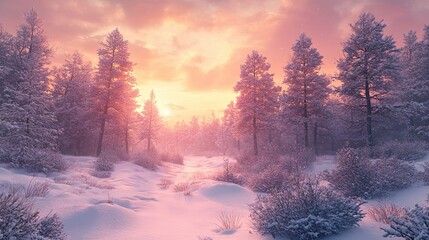 2. Photorealistic winter landscape featuring a snow-covered forest, tall pine trees dusted with snow, and a soft pink sunset