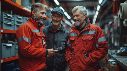 a mechanical engineer with a diagnostic device in hand consults with a colleague, blur effect in the backgraund	