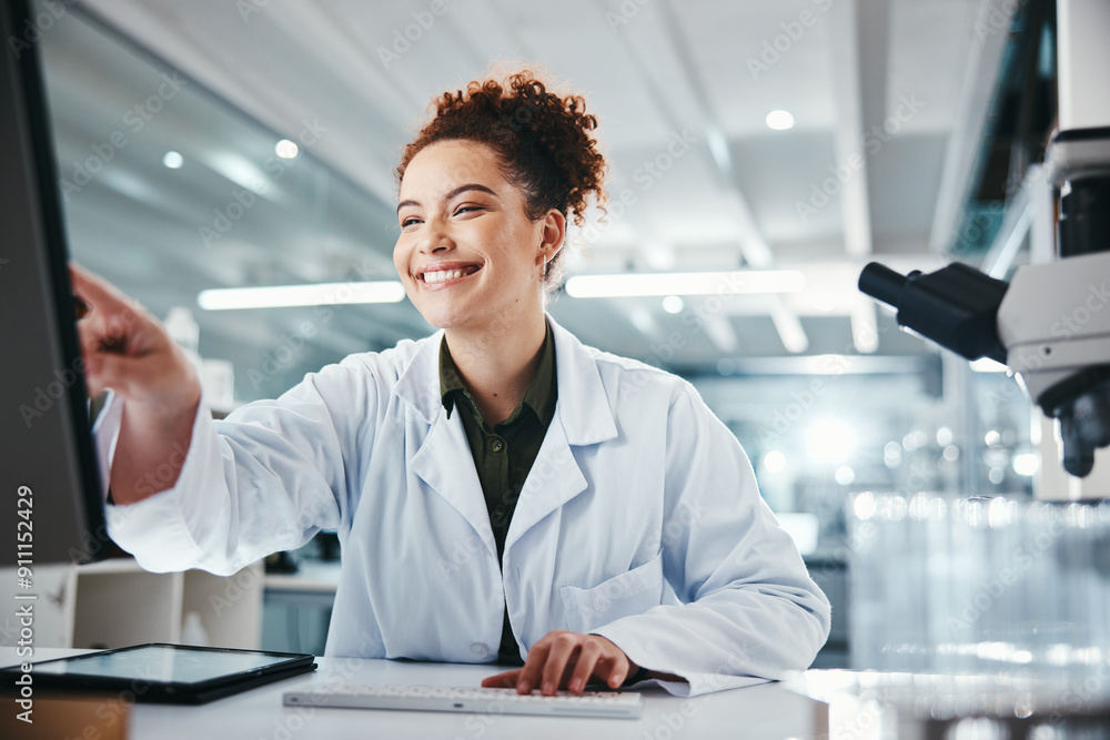 Poster computer, science and smile with woman pointing in laboratory for development, innovation or researc