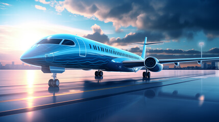 Fototapeta premium Modern Jet Plane With Unique Design On A Sleek Runway At Sunset