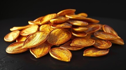 3D Render of Golden Pumpkin Seeds on Black Background