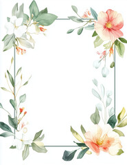 rectangular watercolor floral frame, thin sides, with white background 