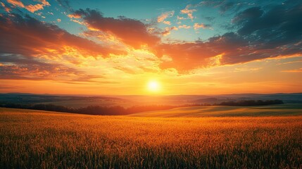 30. Photorealistic summer sunset over a picturesque countryside, with rolling fields and a vibrant orange sky